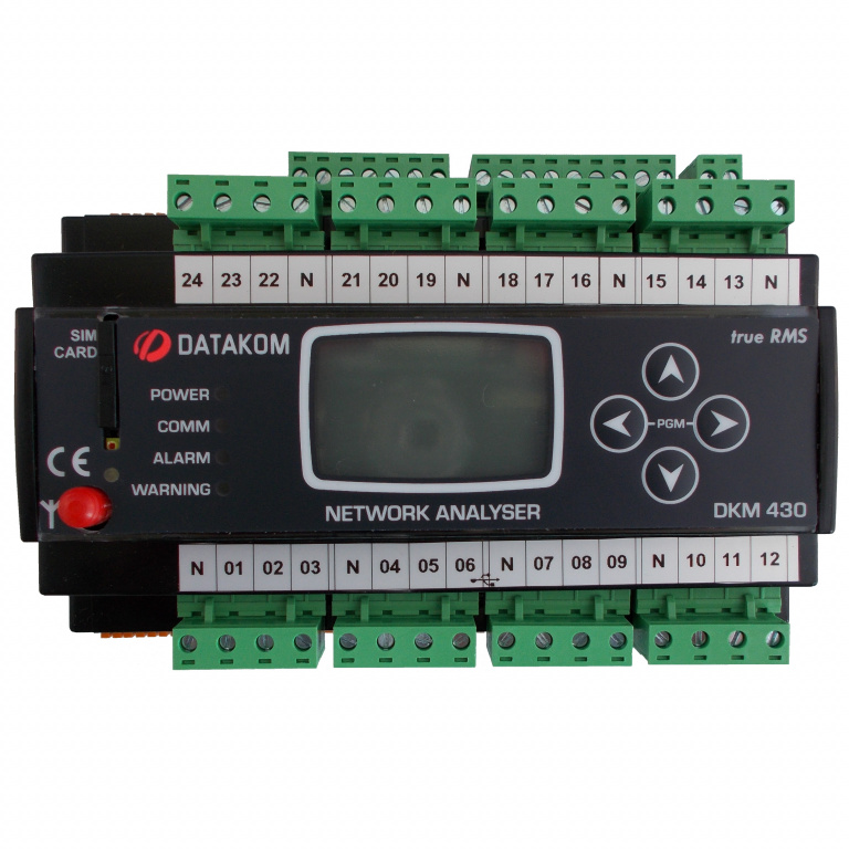 DATAKOM DKM-430-PRO Багатоканальний аналізатор електричних мереж, 30 входів струмових трансформаторів, 24 входів запобіжників, 1.9” РК-дисплей, RS-485, USB/Device, 2 дискретні входи, 2 виходи, Джерело живлення постійного струму.