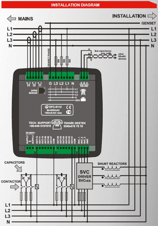 DATAKOM DFC-0112 PFC, 128x64 B&W дисплей, 144x144мм, 12 кроків + RS485 + SVC