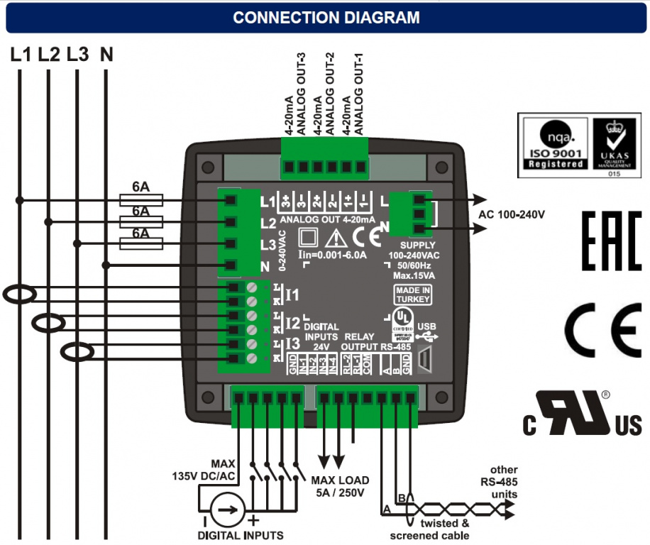 DATAKOM DKM-409-PRO-AT Аналізатор, 96x96 мм, РК-дисплей 2,9 дюйма, RS485, USB/пристрій, вихід 3x4/20 мА, 4 входи, 2 виходи (AC живлення)