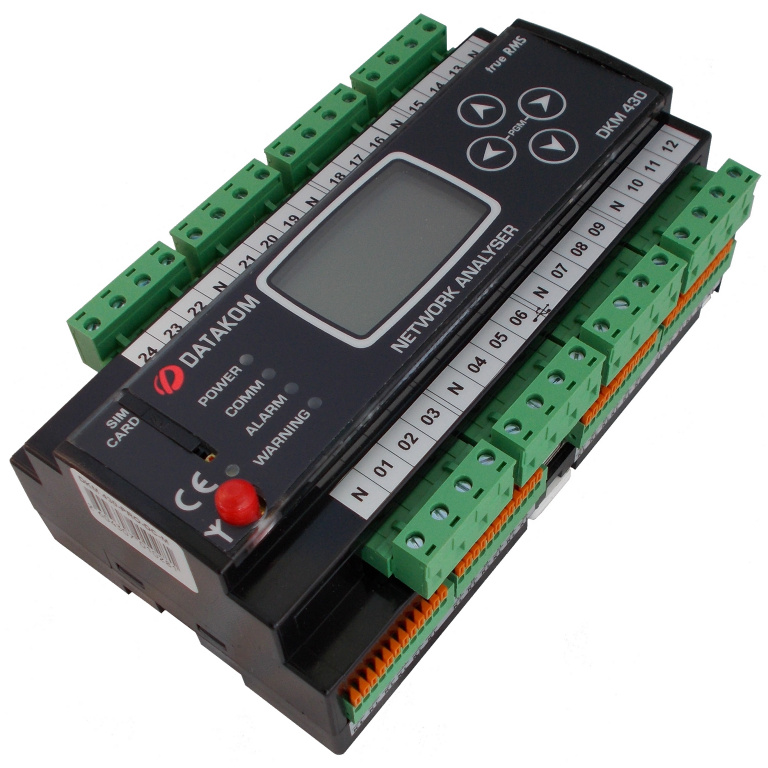 DATAKOM DKM-430-PRO Багатоканальний аналізатор електричних мереж, 30 входів струмових трансформаторів, 24 входів запобіжників, 1.9” РК-дисплей, RS-485, USB/Device, 2 дискретні входи, 2 виходи, Джерело живлення постійного струму.