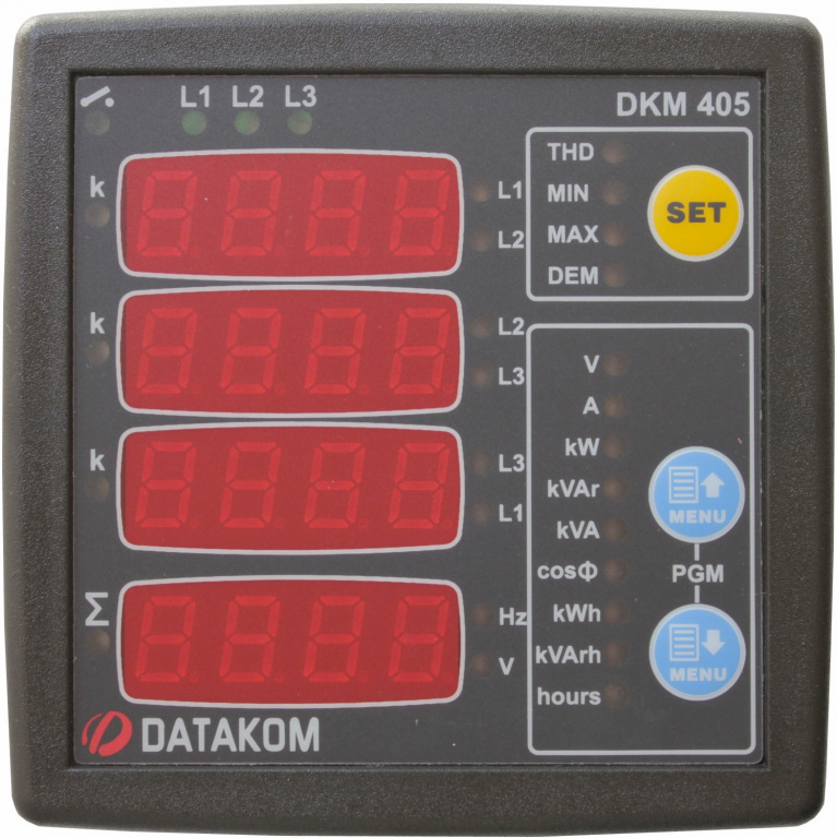 DATAKOM DKM-405 Аналізатор електромережі, 170-275V живлення, 96x96mm, додатковий вхід/вихід