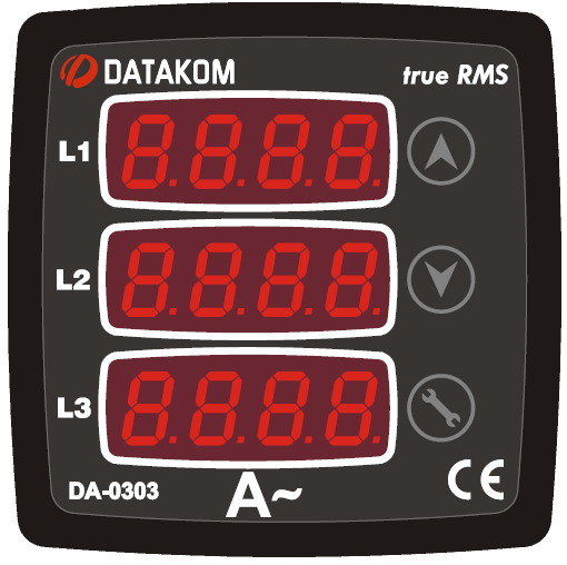 DATAKOM DA-0303 Амперметр, 170-275V живлення, 3 фази, 72x72мм, 3 дисплеї
