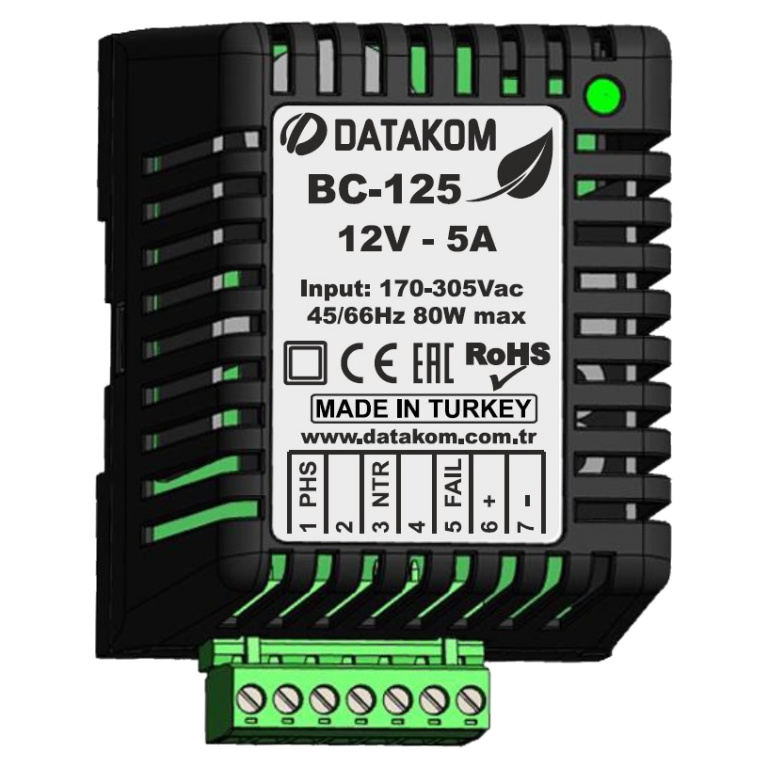 DATAKOM BC-125 (12V/5A, DIN rail) Зарядний пристрій акумулятора / Стабілізований блок живлення