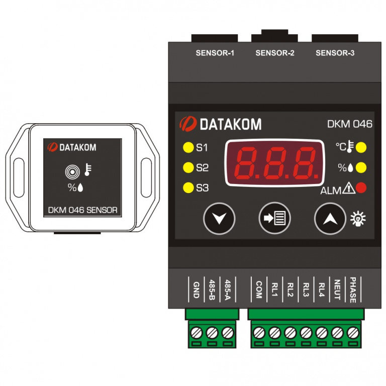 DATAKOM DKM-046 Контролер температури та вологості з дисплеєм та релейними виходами, DC джерело живлення