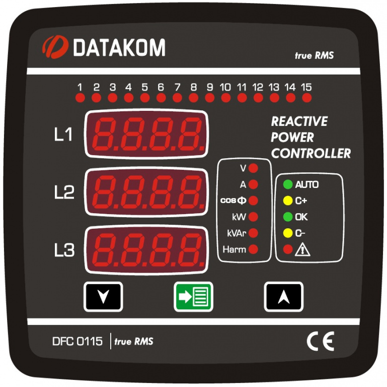 DATAKOM DFC-0115 Контролер компенсації реактивної потужності (12 кроків, gen, alm, 485) 144x144мм