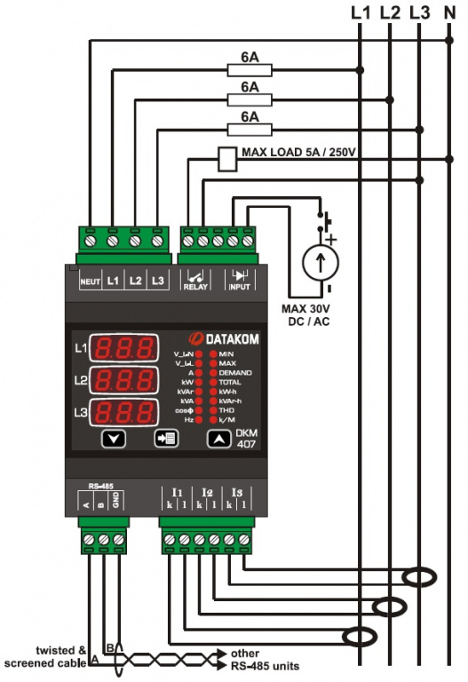 DATAKOM DKM-407 Аналізатор електричної мережі, DIN рейка, THD, RS-485, 1 дискретний вхід, 1 дискретний вихід