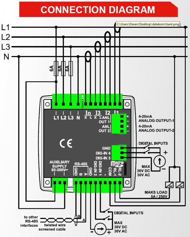 DATAKOM DKM-409-PRO Аналізатор мережі, 96x96 мм, РК-дисплей 2,9”, RS485, USB/пристрій, micro-SD, вихід 2x4/20 мА, 4 входи, 2 виходи (AC живлення)