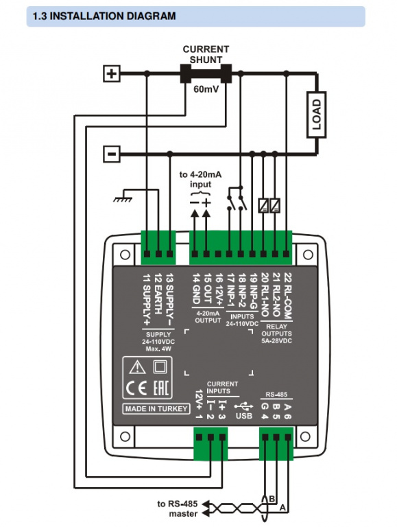 DATAKOM DKM-250 DC Аналізатор мережі постійного струму, 96x96mm, RS-485