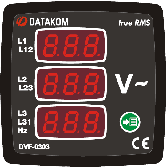 DATAKOM DVF-0303 Вольтметр-частотомір, 3 фази, 72x72mm, 3 дисплеї