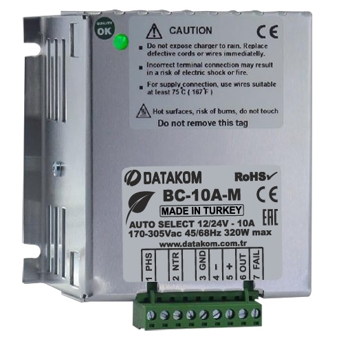 DATAKOM BC-10A-M, Зарядний пристрій з автовизначенням напруги, 12/24V 10A, 4 ступені 