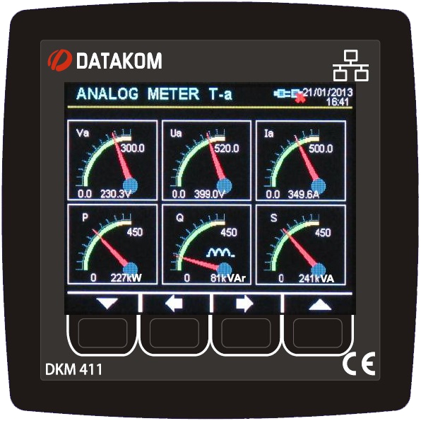 DATAKOM DKM-411 Аналізатор електричної мережі, 96x96mm, 3.5” кольоровий TFT дисплей, Ethernet, USB/Host, USB/Device, RS485, RS232, 2-дискретні входи, 2-дискретні виходи, з 100-240VAC джерелом живлення