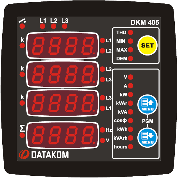 DATAKOM DKM-405 Аналізатор електромережі, 170-275V живлення, 96x96mm, додатковий вхід/вихід