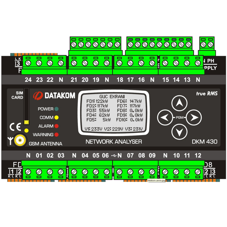 DATAKOM DKM-430-PRO Багатоканальний аналізатор електричних мереж, 30 входів струмових трансформаторів, 24 входів запобіжників, 1.9” РК-дисплей, RS-485, USB/Device, 2 дискретні входи, 2 виходи, Джерело живлення постійного струму.